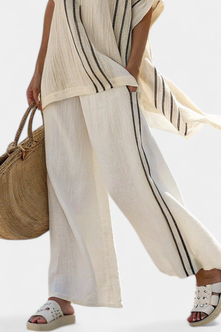Raffaella | Women's Longline elegant ivory blouse and black striped trousers
