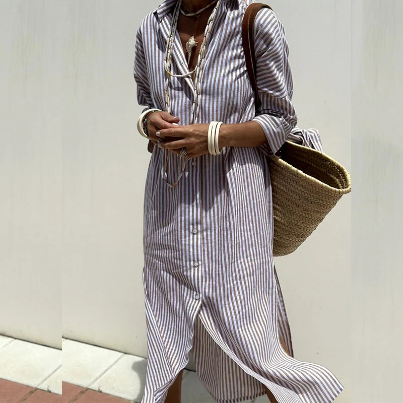 Cerys | Women's Elegant Striped Shirt Midi Dress