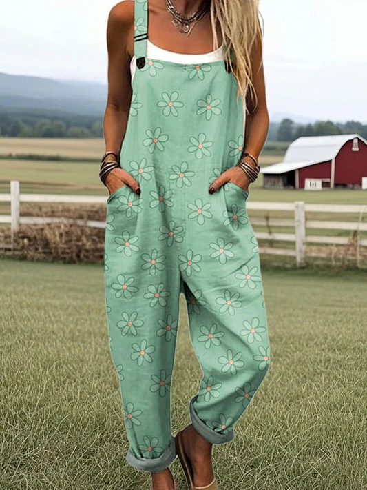 Women's Vintage Floral Wide Leg Jumpsuit, Comfort & Style with Pockets