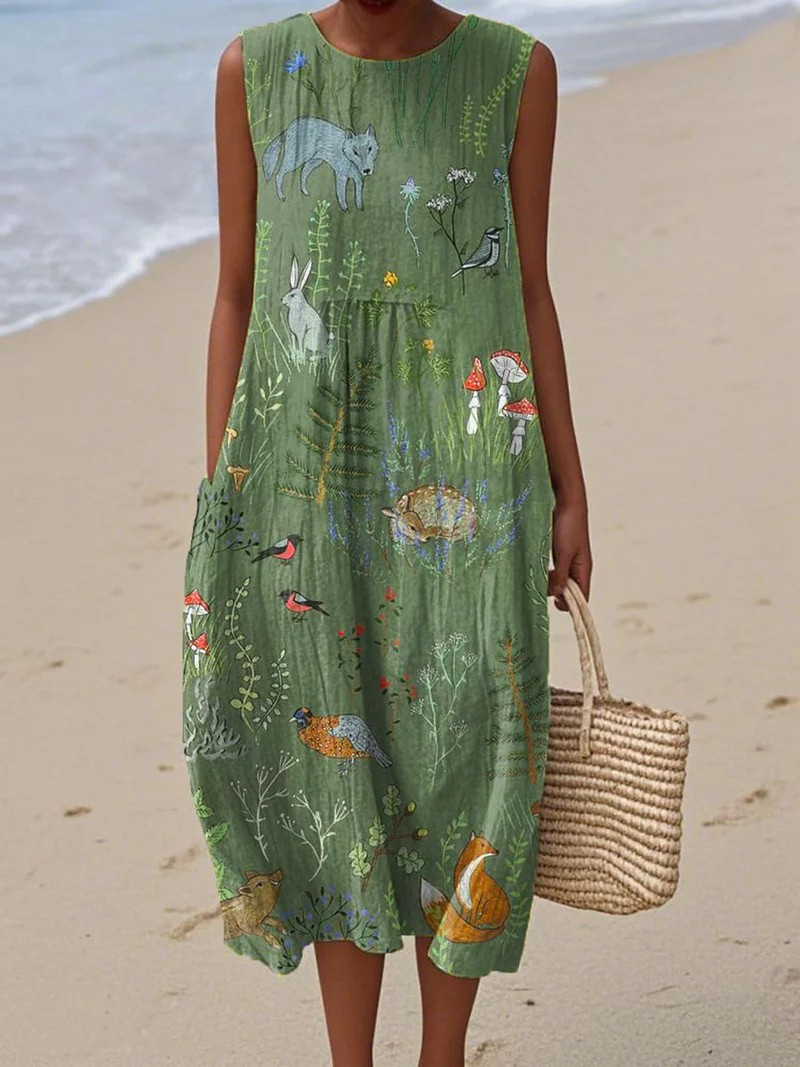 Women's Artistic Beach Midi Dress with Lace-Up