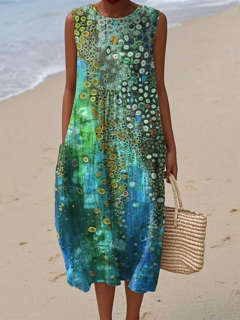 Women's Artistic Beach Midi Dress with Lace-Up
