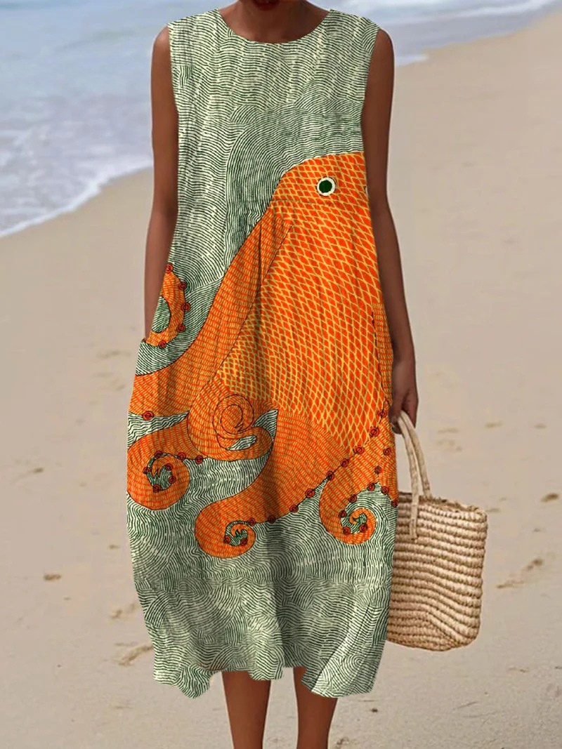 Women's Artistic Beach Midi Dress with Lace-Up