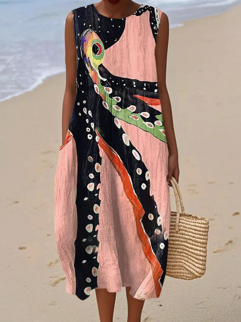 Women's Vintage Octopus Art Print Sleeveless Pocket Wrap Midi Dress with Lace-Up
