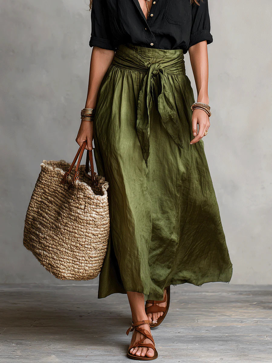 Vera | Women's Black T-Shirt and Olive Green Midi Skirt Two-Piece Set