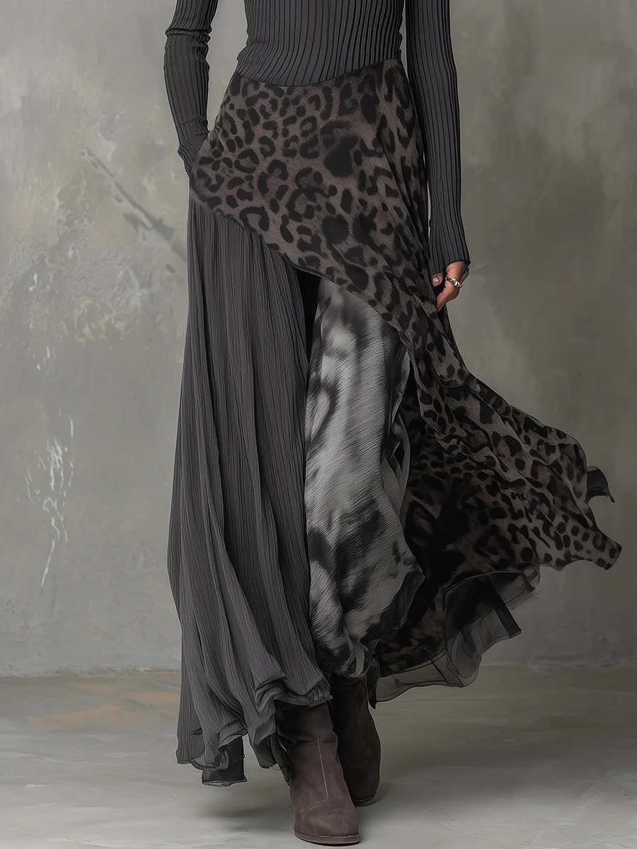 Women's Maxi Dress with Grey Pit Stripe and Leopard Print Splicing, Irregular Hem