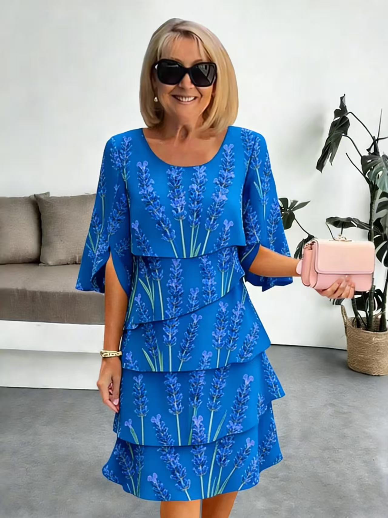 Elyvane | Women's Floral Ruffled Midi Dress with Mid-Length and Split Sleeves