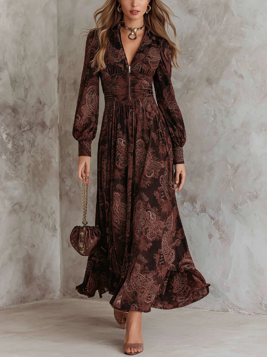Women's Amelia Paisley Printed Maxi Dress with Zip Closure