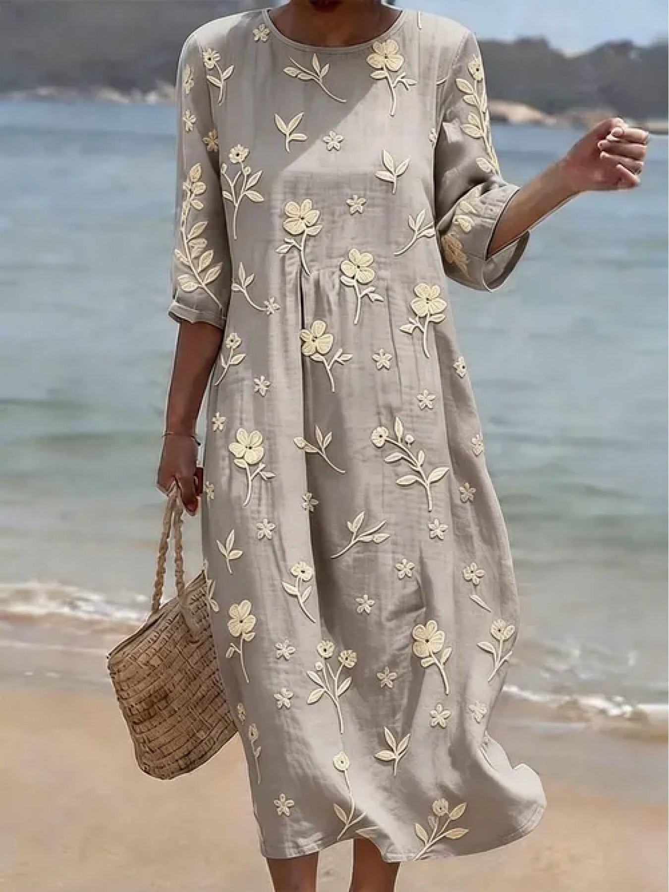 Simone | Women's Embroidered Mid-Sleeve Midi Dress