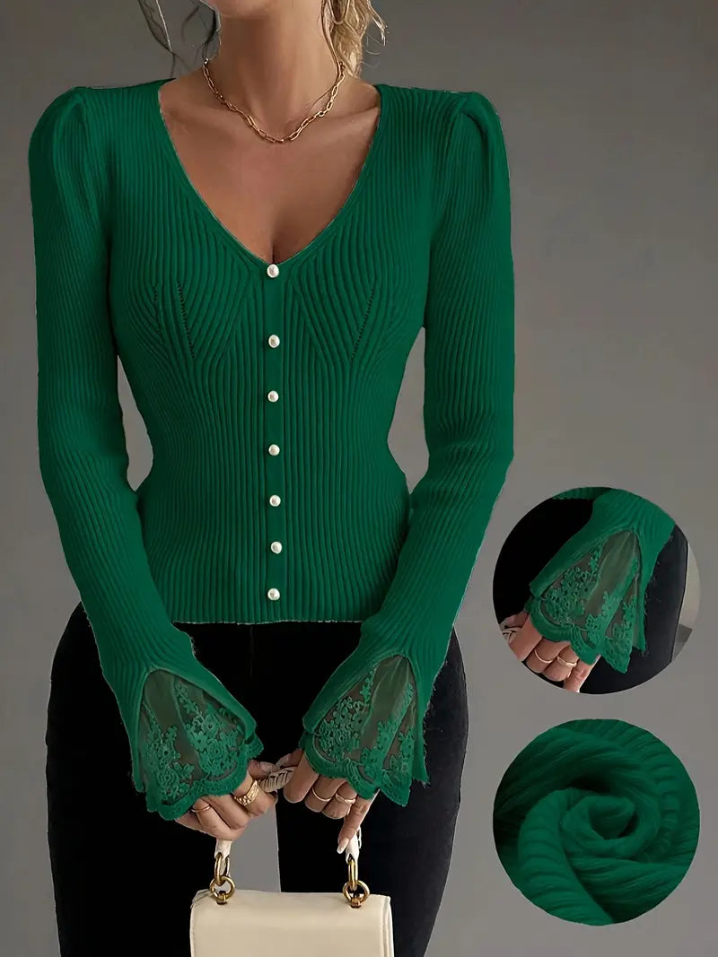 Women's Cropped Floral V-Neck Ribbed Top with Sleeves