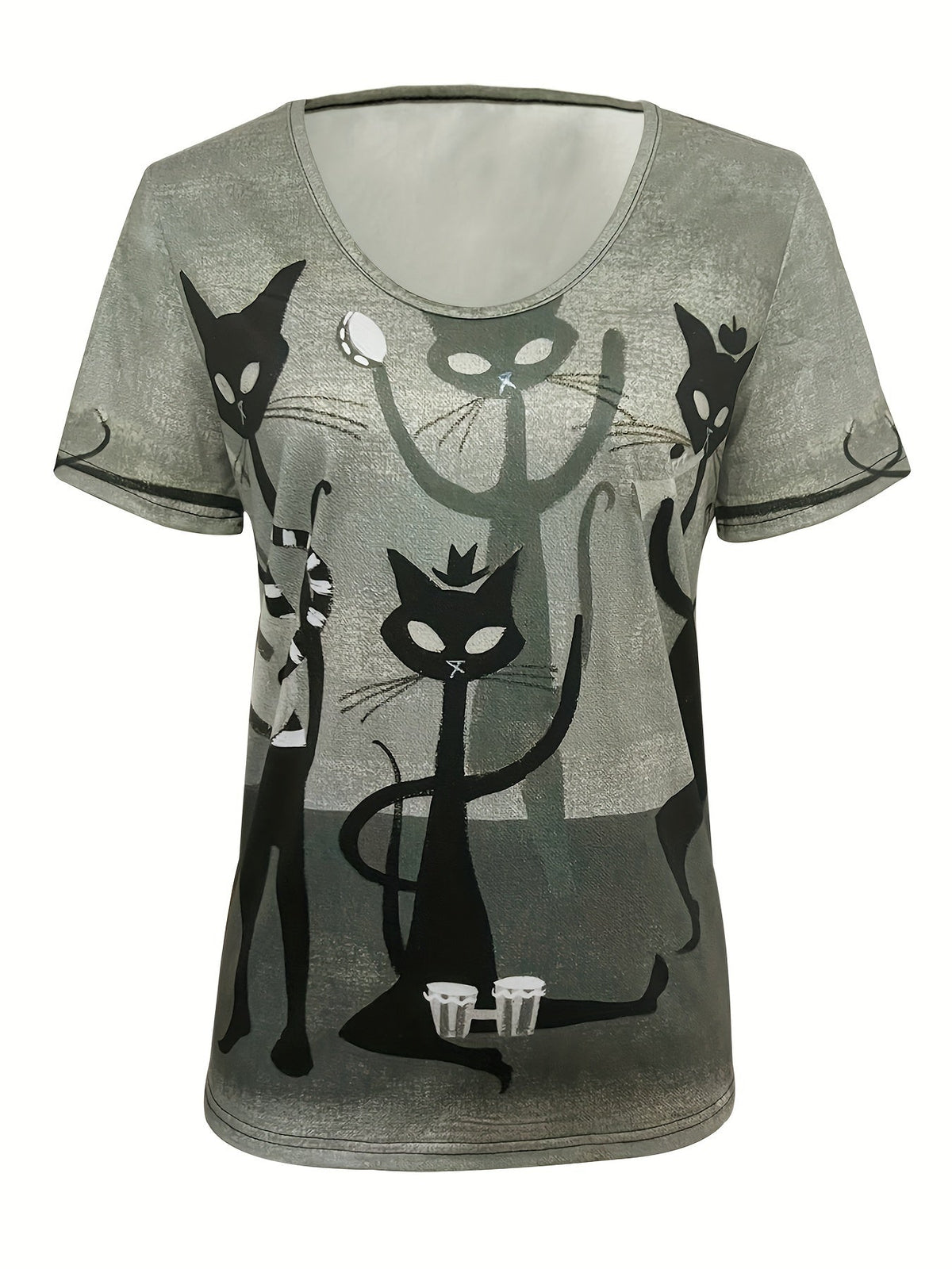 Sue | Women's Casual Cat Print T-Shirt with V-Neck and Short Sleeve