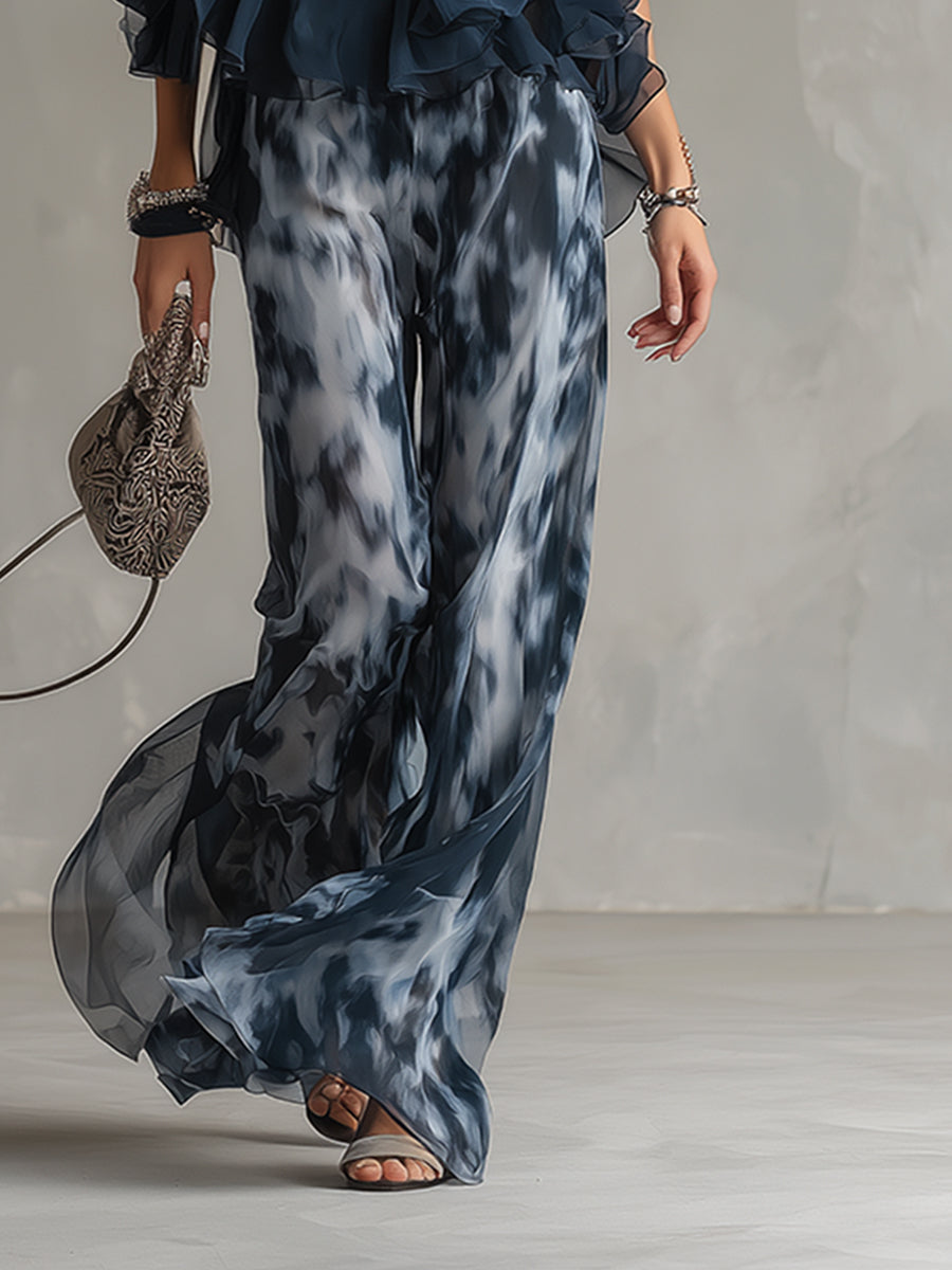 Ludovica | Women's Longline Chic Ensemble with High-Neck Blouse and Flowing Printed Trousers