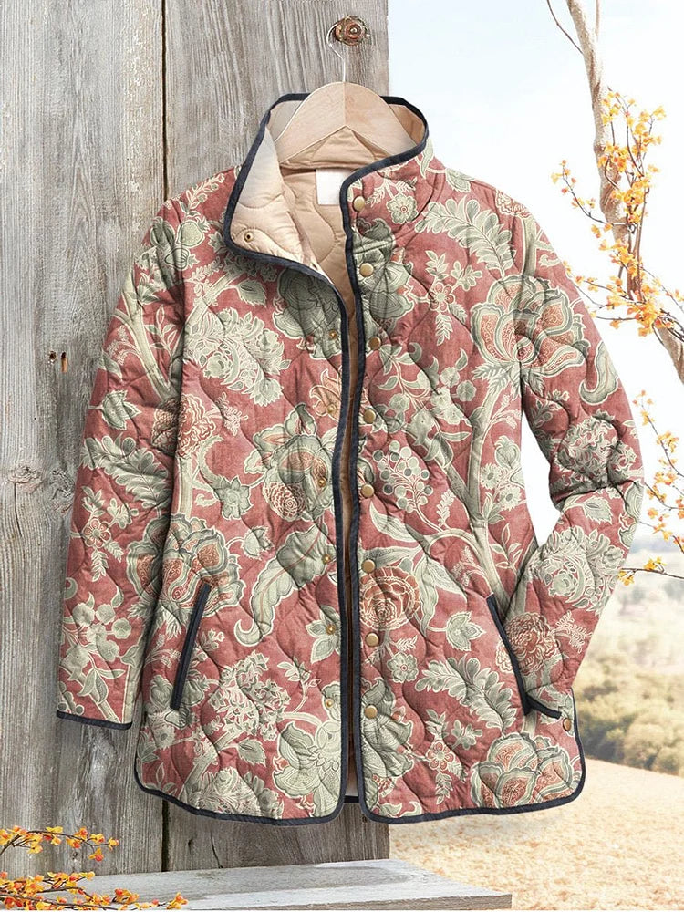 Women's Relaxed Vintage Floral Pattern Print Casual Quilted Jacket