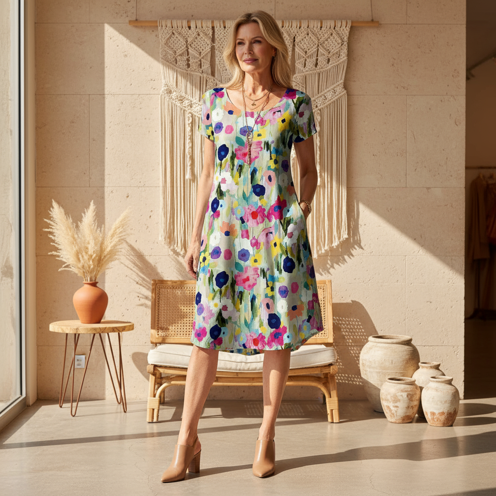 Priya | Women's Watercolour Bloom Midi Dress with Side Slit