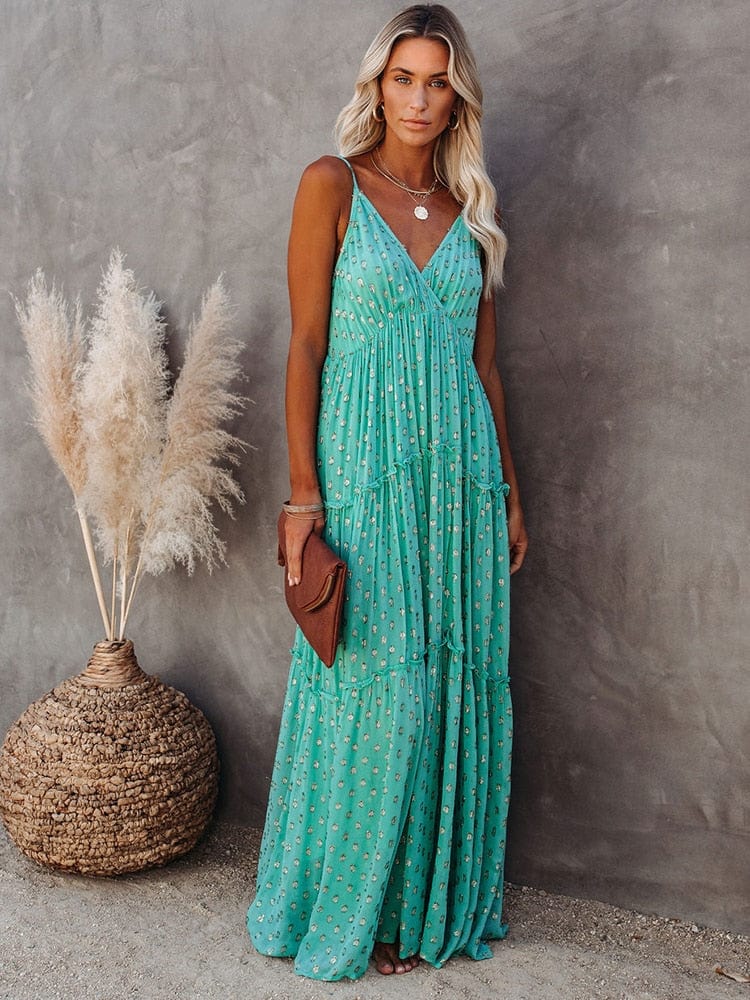 Women's Evi Green Maxi Dress With V-Neck and Summery Ibiza Print