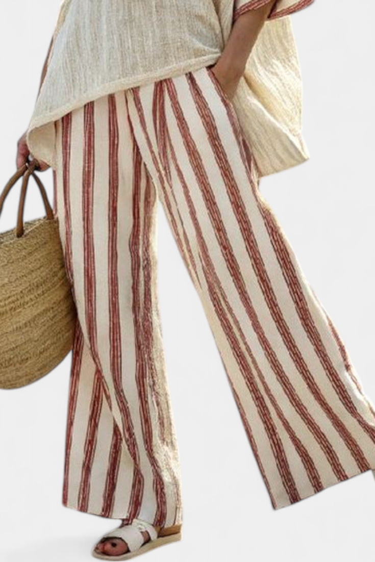 Rosalinda | Women's elegant rustic striped top and cream trousers