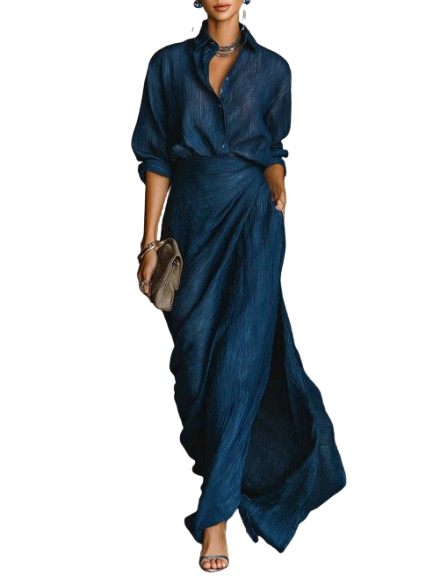 Sky | Women's Navy Two-Piece Set with V-Neck and Long Sleeve