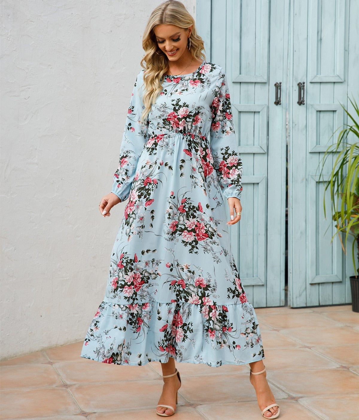 Women's Loua Light Blue Summer Ibiza Midi Dress with Floral Pattern
