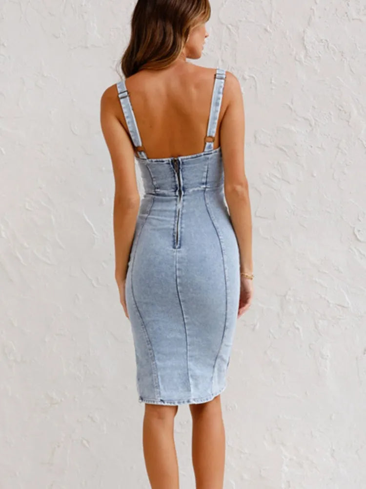 Mirabella | Women's Denim Midi Dress with Adjustable Straps and Side Slit