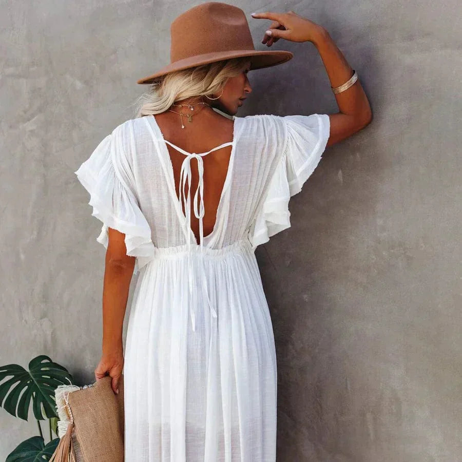 Jente | Women's Maxi White Beach Dress with V-Neck