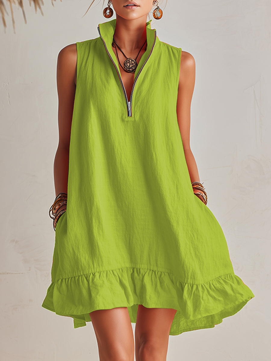 Women's Bright Orange Half-Zip Mini Dress with Ruffled Hem and Stand-Up Collar