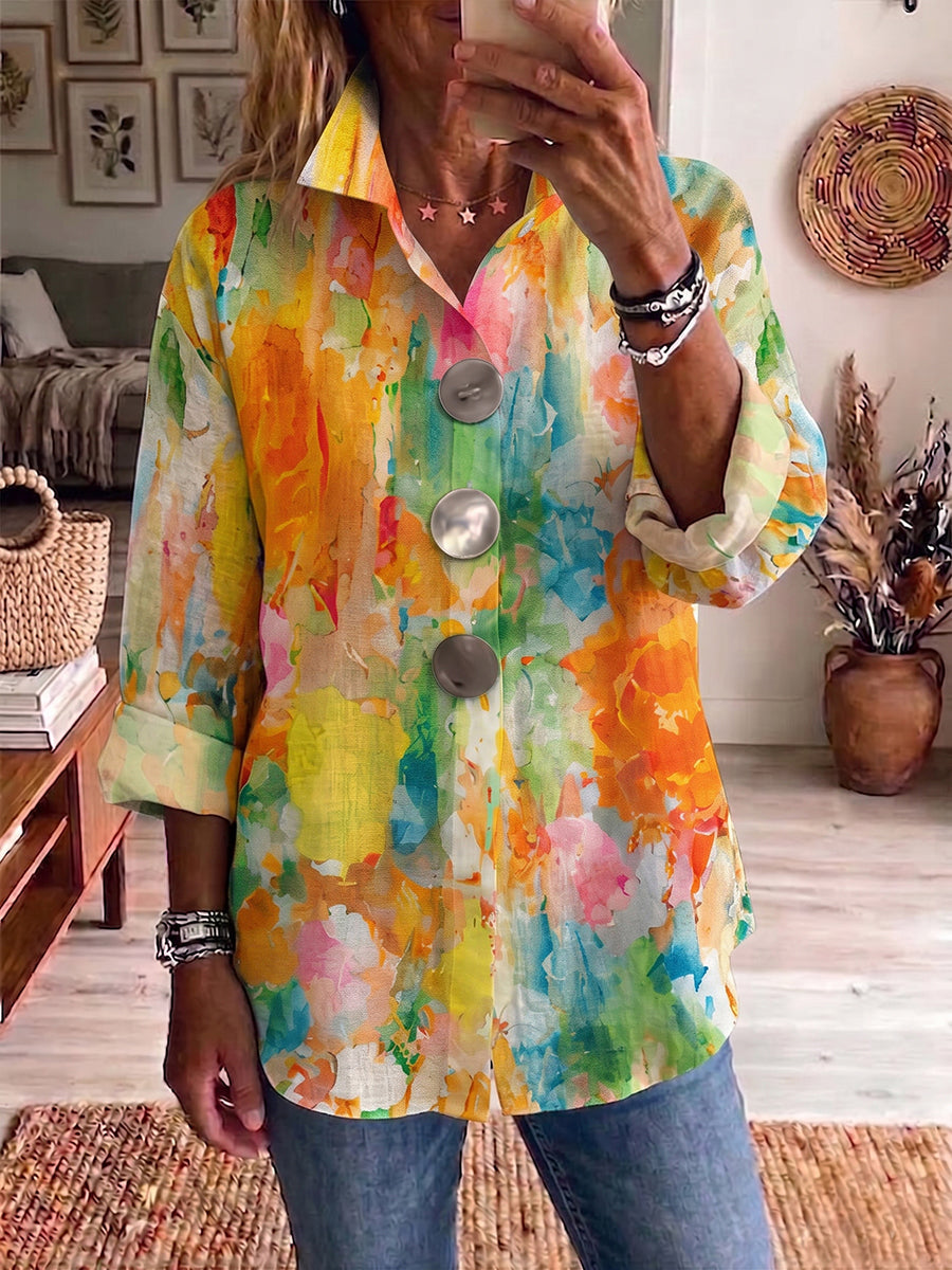 Women's Longline Metal-Button Shirt with Artistic Watercolour Palette Print
