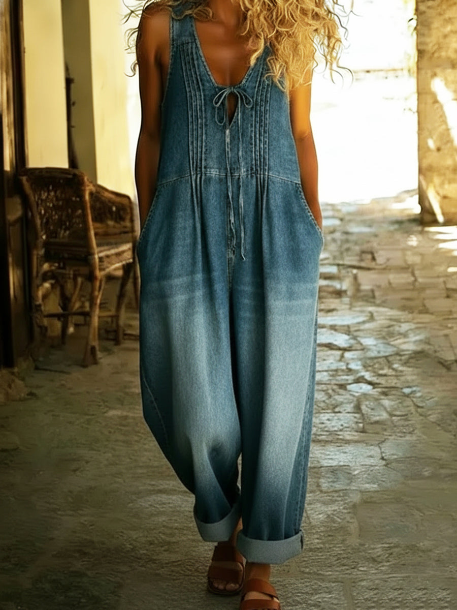 Women's Relaxed Fit Pleated Denim Jumpsuit with Drawstring and Pockets