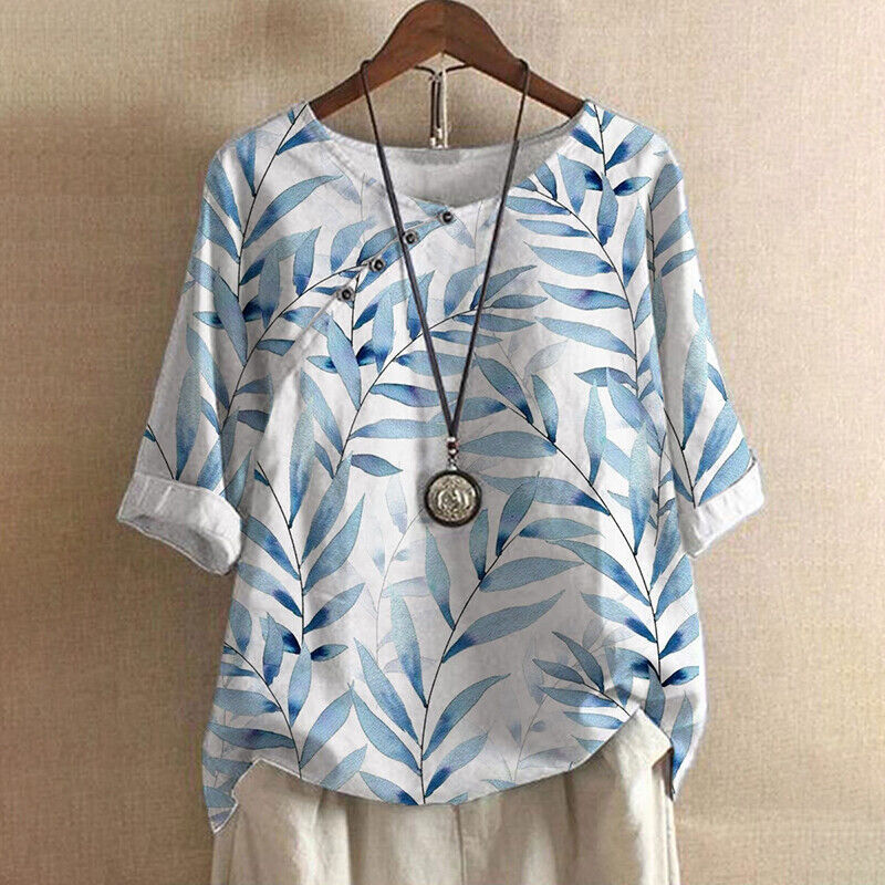 Claudine | Women's Relaxed Leaf Print Button Detail Blouse