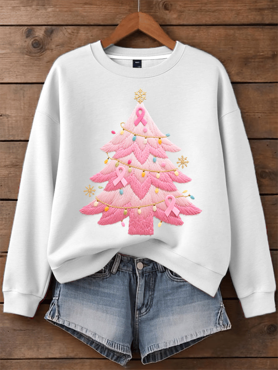 Women's Relaxed Pink Christmas Tree Embroidered Sweatshirt