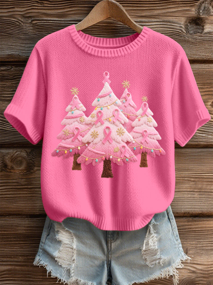 Women's Relaxed Pink Christmas Tree Embroidered Cozy Top