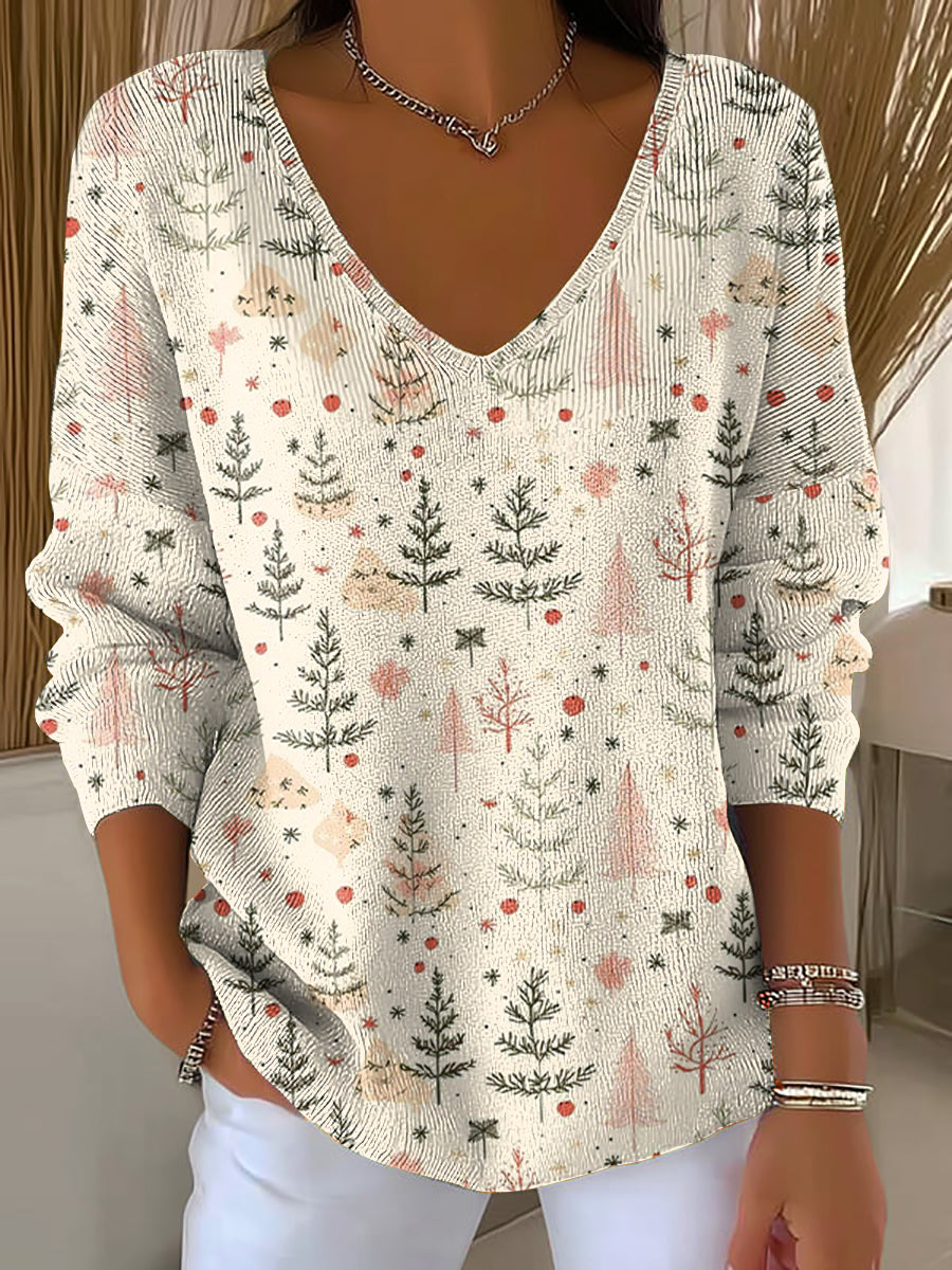 Women's Longline Relaxed V-Neck Merry Christmas Print Ribbed Top