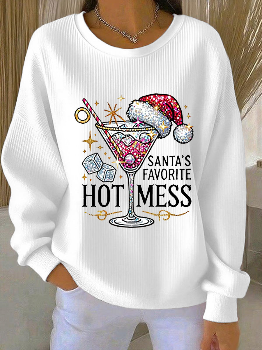 Women's Relaxed Santa's Favorite Hot Mess Print Casual Ribbed Round-Neck Sweatshirt