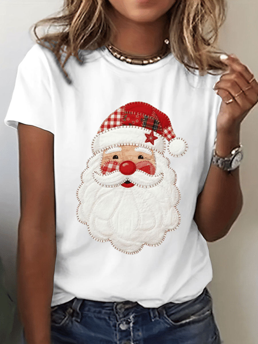 Women's Plaid Relaxed Santa Claus print Short Sleeve T-Shirt