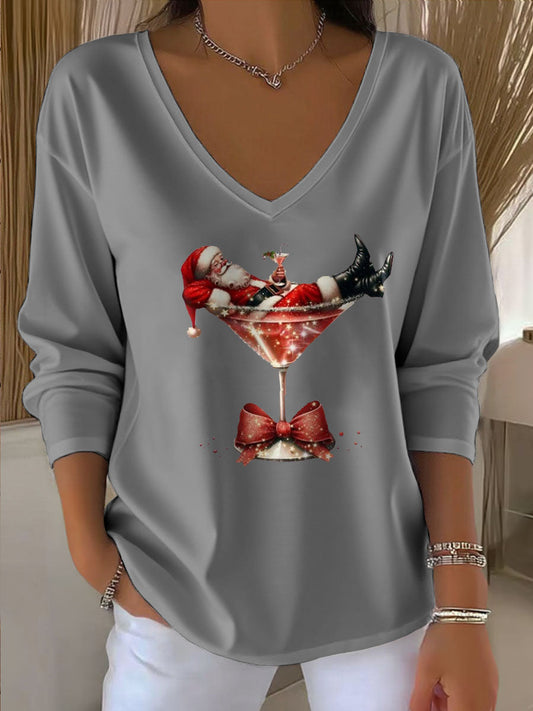 Women's Relaxed Santa Claus Printed V-Neck T-Shirt