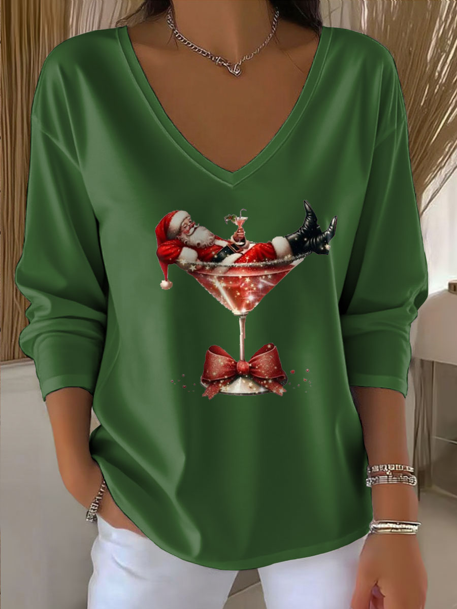 Women's Relaxed Santa Claus Printed V-Neck T-Shirt