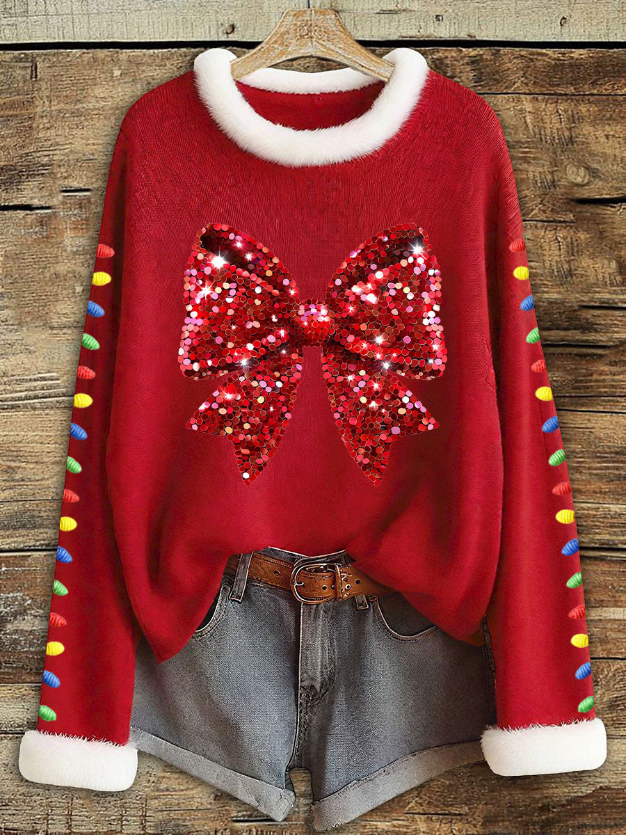 Women's Relaxed Christmas Bow Decorative Light Tops with Sequins
