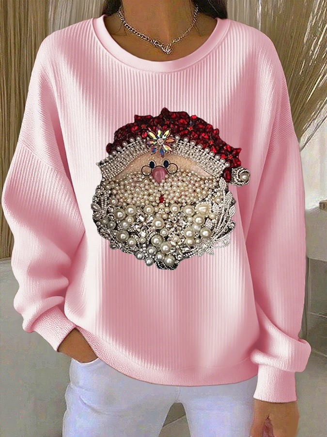 Women's Relaxed Santa Claus Printed Ribbed Round-Neck Sweatshirt