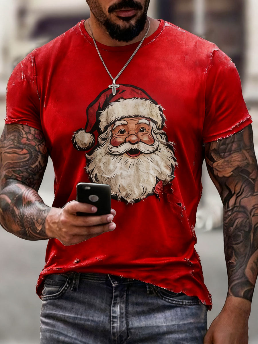 Men's Santa Claus Print Casual T-shirt with V-Neck and Short Sleeve