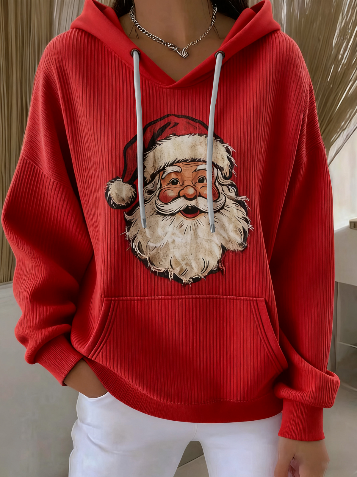 Women's Relaxed Santa Claus Print Casual Hoodie with Drawstring