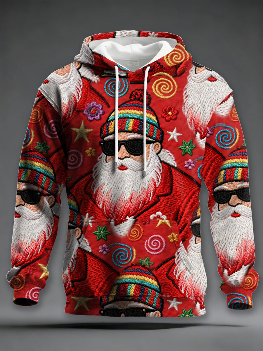 Men's Floral Retro Groovy Hippie Santa Print Casual Hoodie with Drawstring