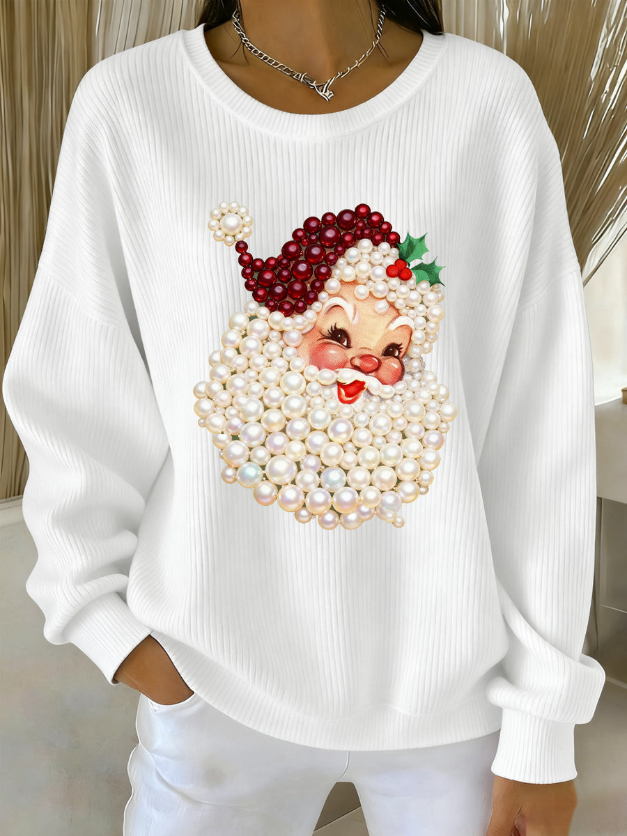 Women's Relaxed Christmas Pearl Santa Claus Print Casual Jumper