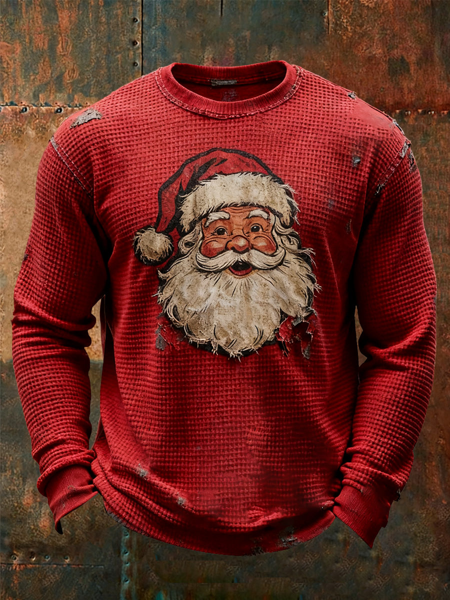 Men's Santa Claus printed casual top with Crew Neck and Long Sleeve