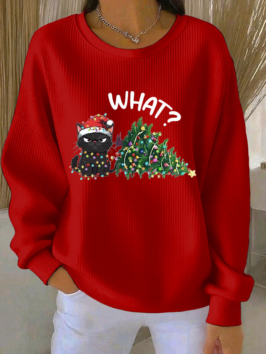 Women's Relaxed Christmas Ribbed Round-Neck Sweatshirt