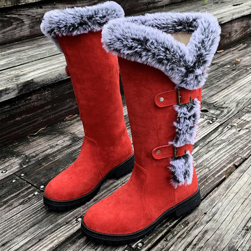 Cushioned Buckle Ladies Thick Plush Mid-Calf Snowboots