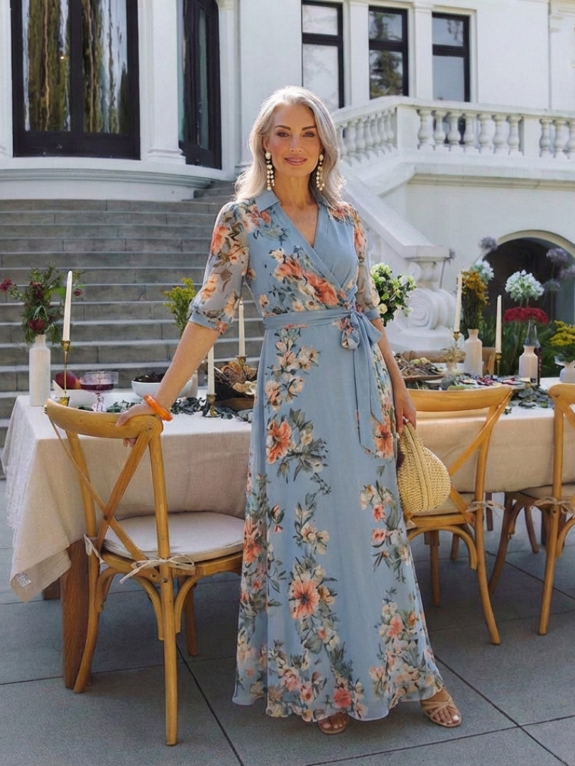 Elowen | Women's Floral Wrap V Neck Maxi Dress