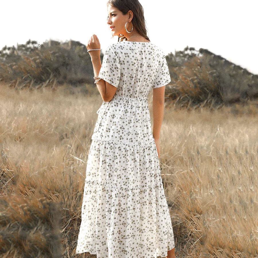 Women's Tess White Long Summer Maxi Dress with Print