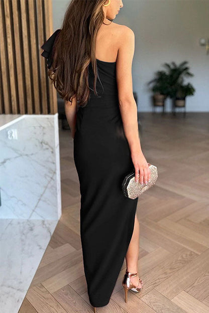 Women's Relaxed Caz Off-Shoulder Midi Dress with Ruffled Sleeves and Chic Slit