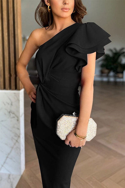 Women's Relaxed Caz Off-Shoulder Midi Dress with Ruffled Sleeves and Chic Slit