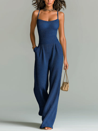 Women's ElevenOra Stylish Camel Strappy Sleeveless Tailored Wide Leg Ribbed Jumpsuit