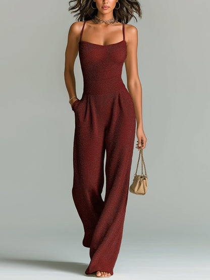 Women's ElevenOra Stylish Camel Strappy Sleeveless Tailored Wide Leg Ribbed Jumpsuit