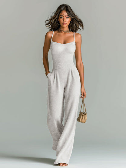 Women's ElevenOra Stylish Camel Strappy Sleeveless Tailored Wide Leg Ribbed Jumpsuit